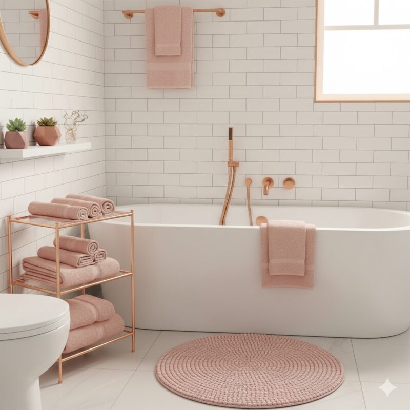 Pink towels and accessories in bathroom Pink towels and accessories in bathroom