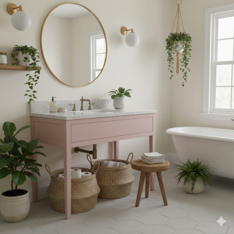 Pink bathroom with natural textures Pink bathroom with natural textures