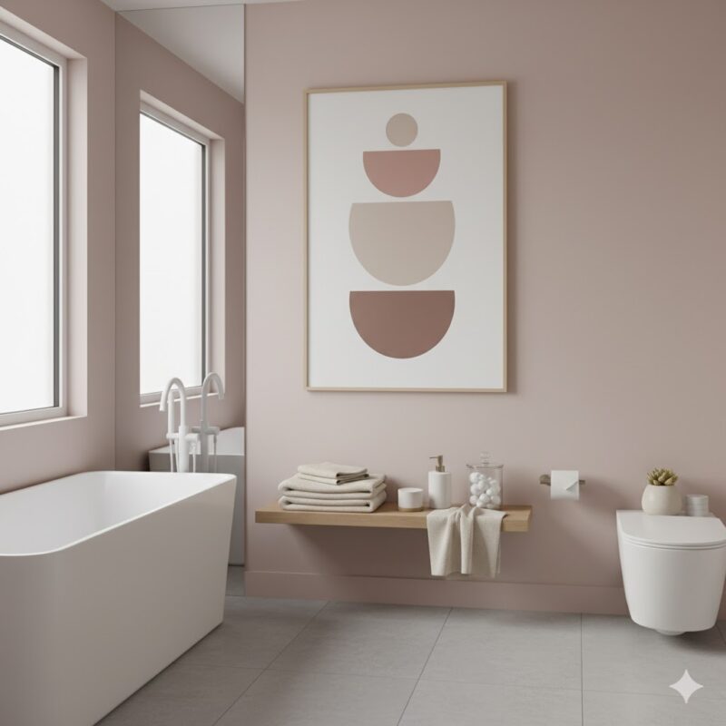 Pink accents in bathroom art and textiles Pink accents in bathroom art and textiles