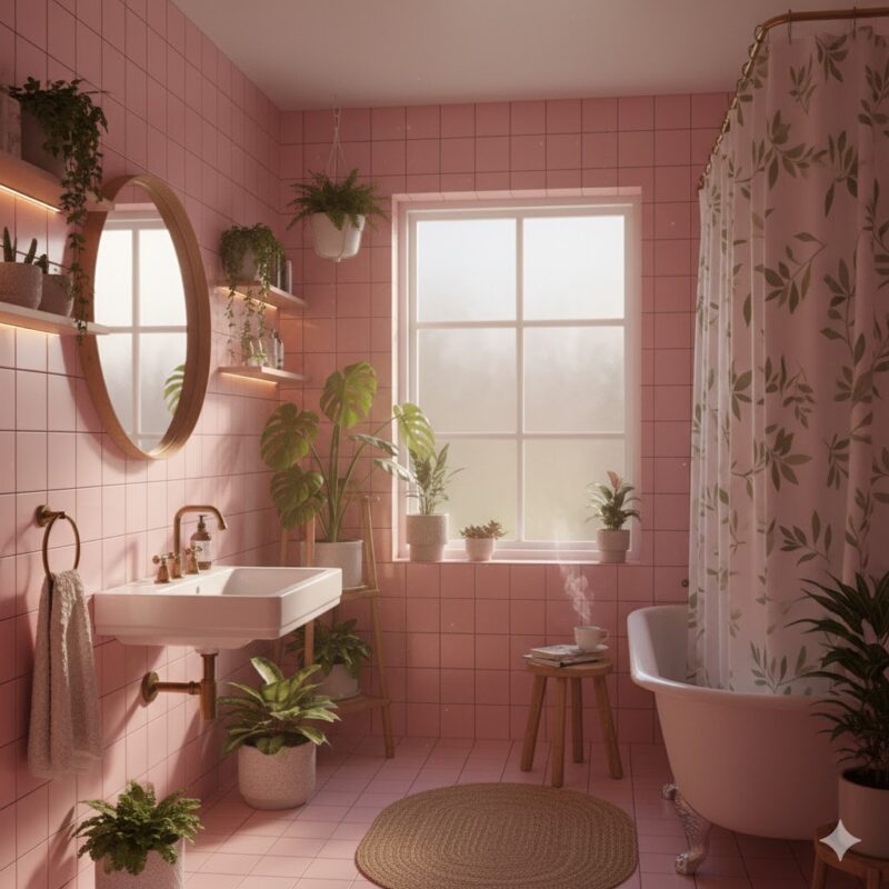 Green plants complementing pink bathroom Green plants complementing pink bathroom