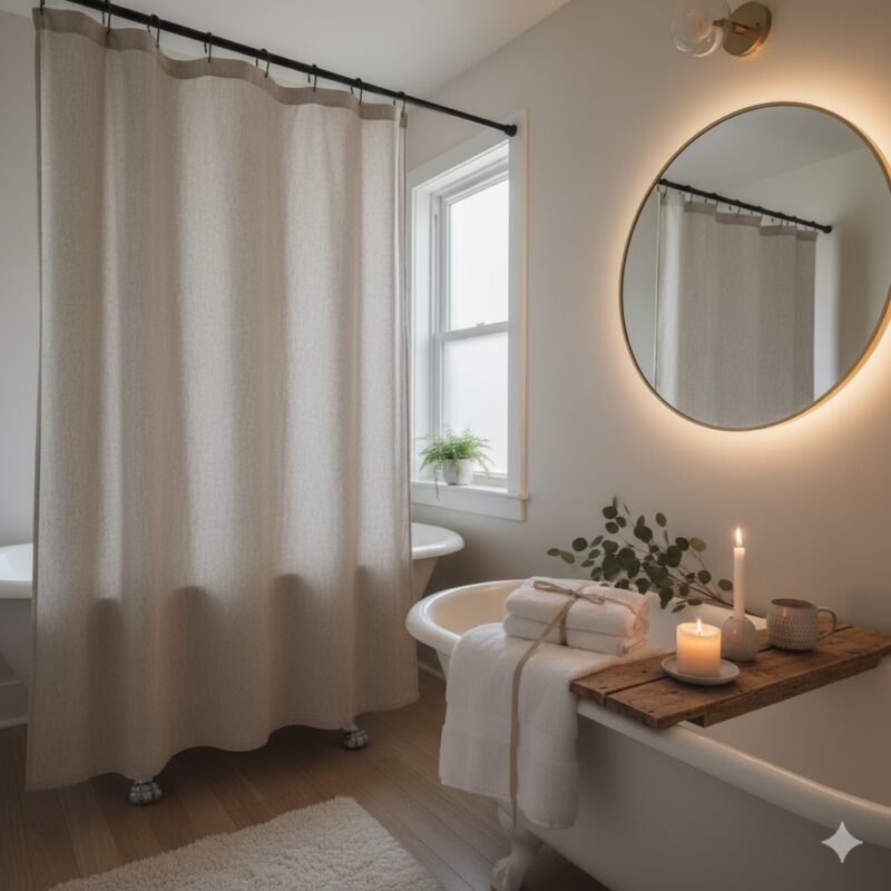 Bathroom Glow-Up Bathroom with wooden bath tray and glass jars