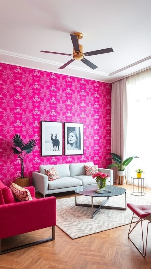 Contemporary living room with bold fuchsia wallpaper and gray furnishings
