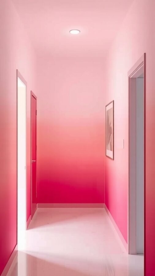 Hallway featuring ombre pink wallpaper transitioning from deep to soft pink