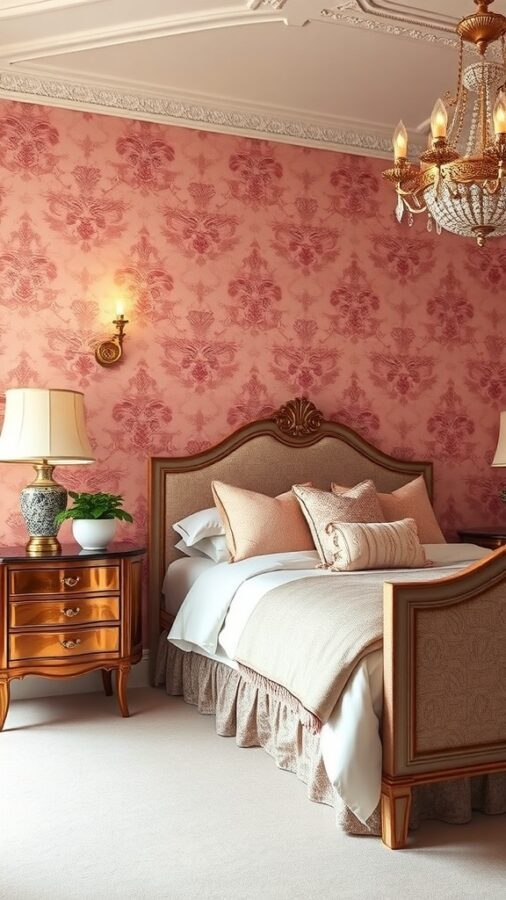 Luxurious bedroom with classic damask pink wallpaper and elegant decor