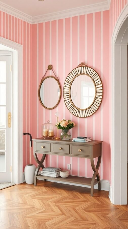 Entryway with pink striped wallpaper and stylish furnishings