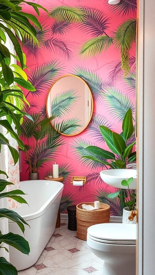Bathroom with pink palm print wallpaper and tropical decor