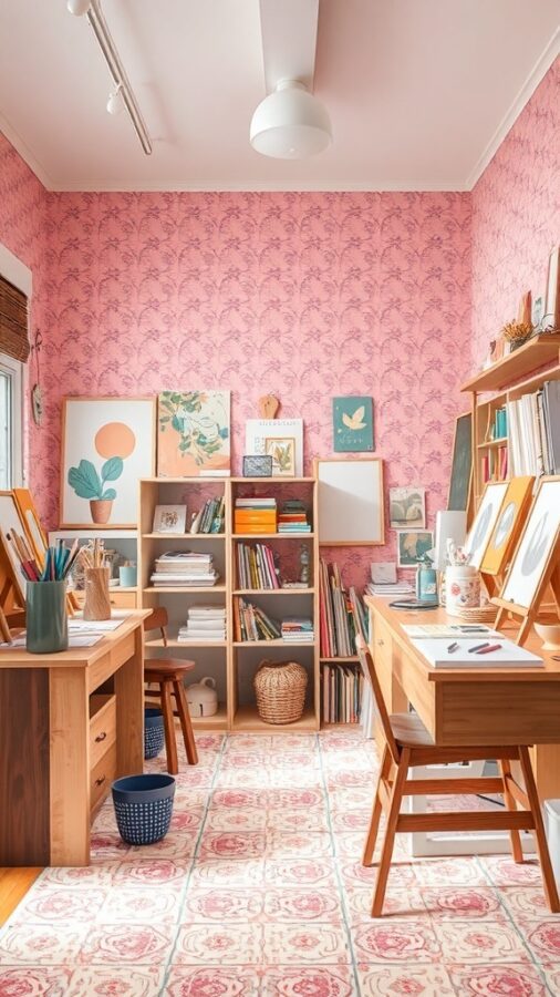 Bright creative studio with pink patterned wallpaper and art supplies