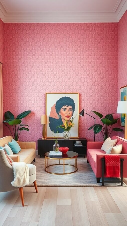 Living room with textured pink wallpaper and cozy furnishings