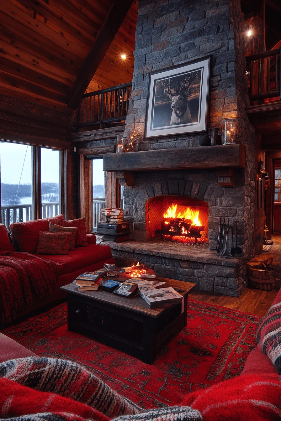 Gathering around cabin fireplace