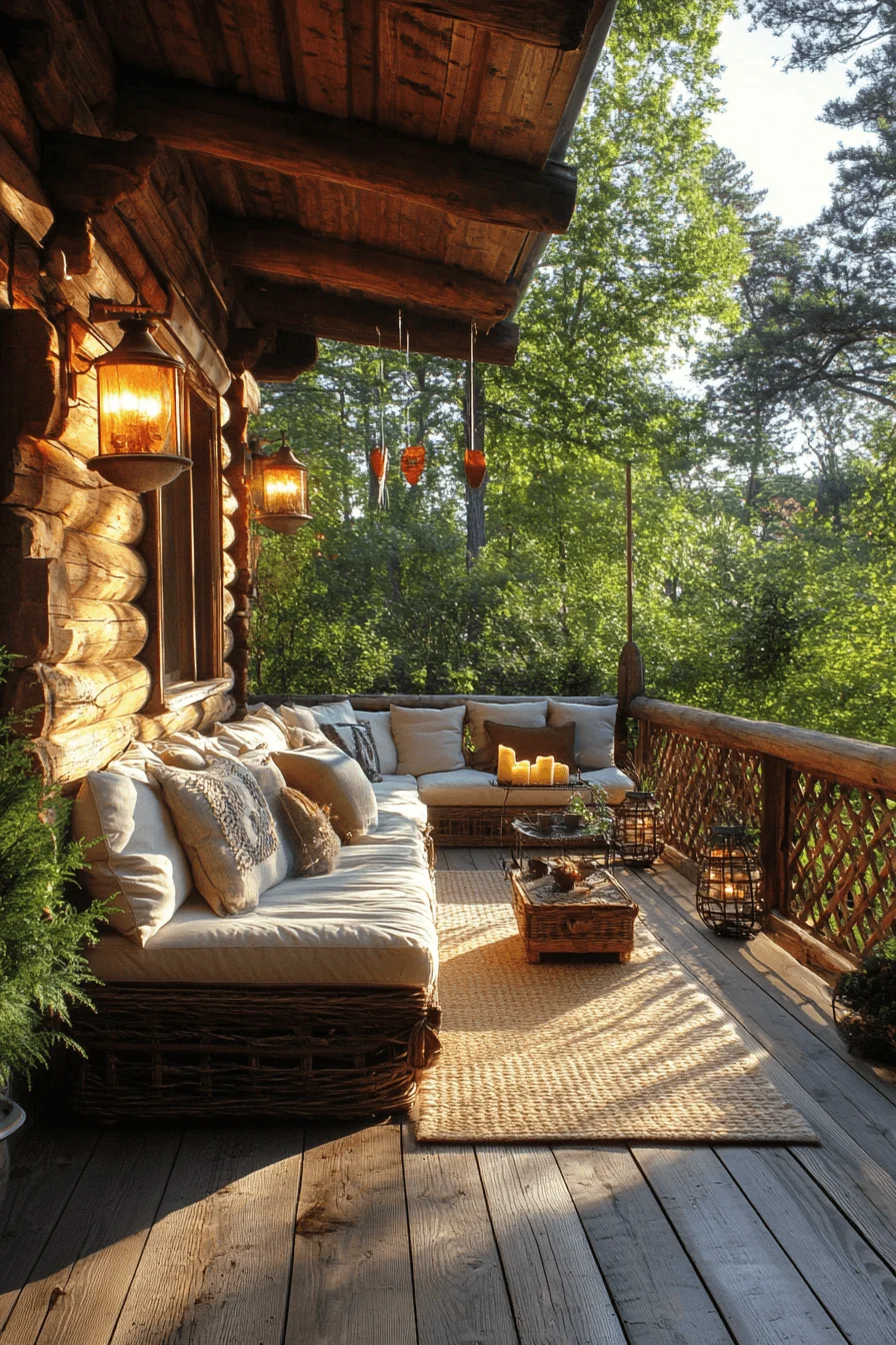 Cozy cabin terrace at dusk