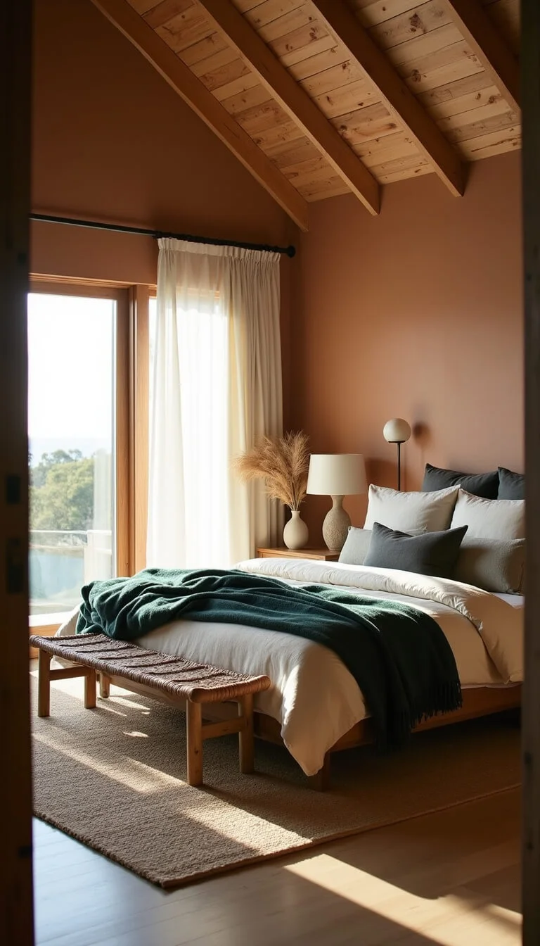 Coastal bedroom with exposed wooden beams, low oak bed dressed in neutral linens, terracotta plaster wall, rattan bench, and gentle morning light through sheer curtains.