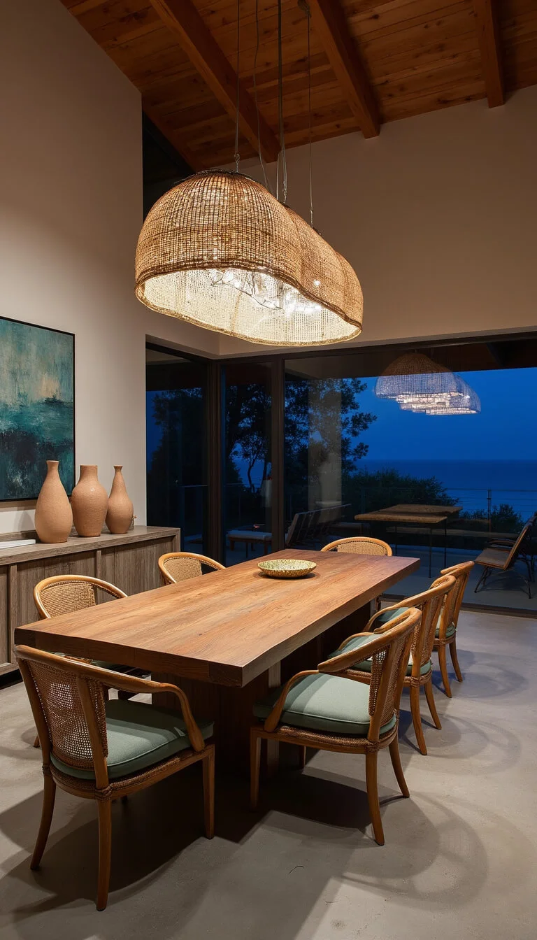Coastal dining area at dusk featuring reclaimed wood table, rattan chairs, woven pendant lighting, and abstract art with twilight ocean views.