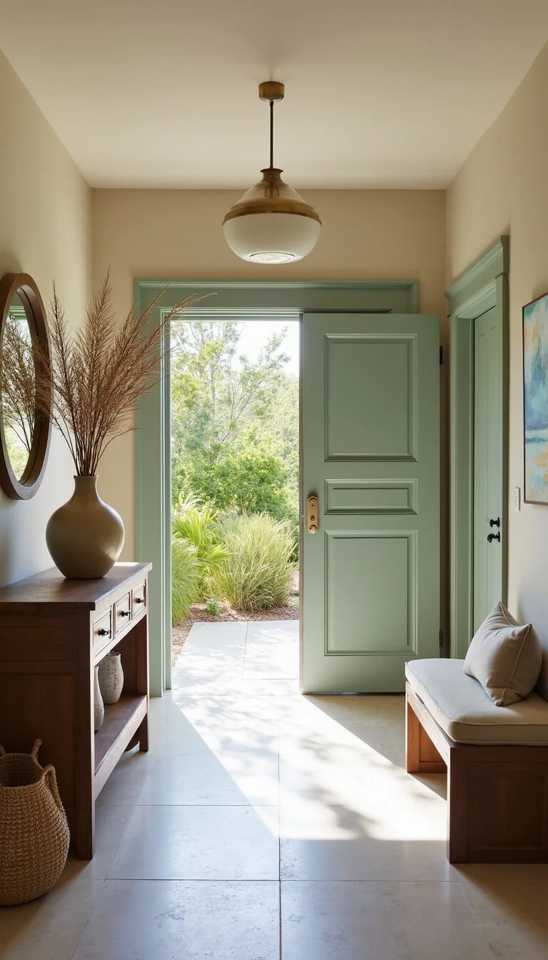 Organic coastal entryway featuring a weathered sage Dutch door, limestone flooring, teak console table, round brass mirror, rattan bench, and soft morning sunlight.
