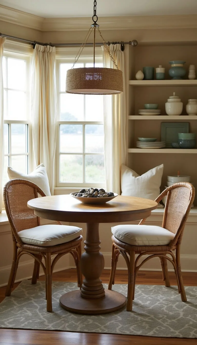 Inviting coastal kitchen nook with round weathered oak table, rattan chairs, sea stone centerpiece, and soft afternoon light filtering through linen curtains.