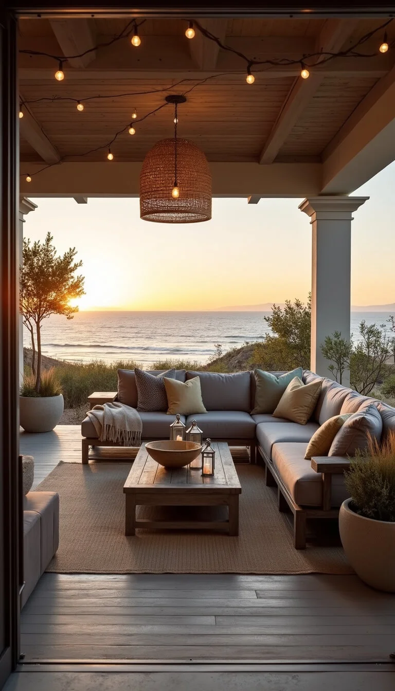 Expansive coastal deck at sunset with ocean views, teak sectional sofa, reclaimed wood coffee table, potted plants, and ambient lighting.