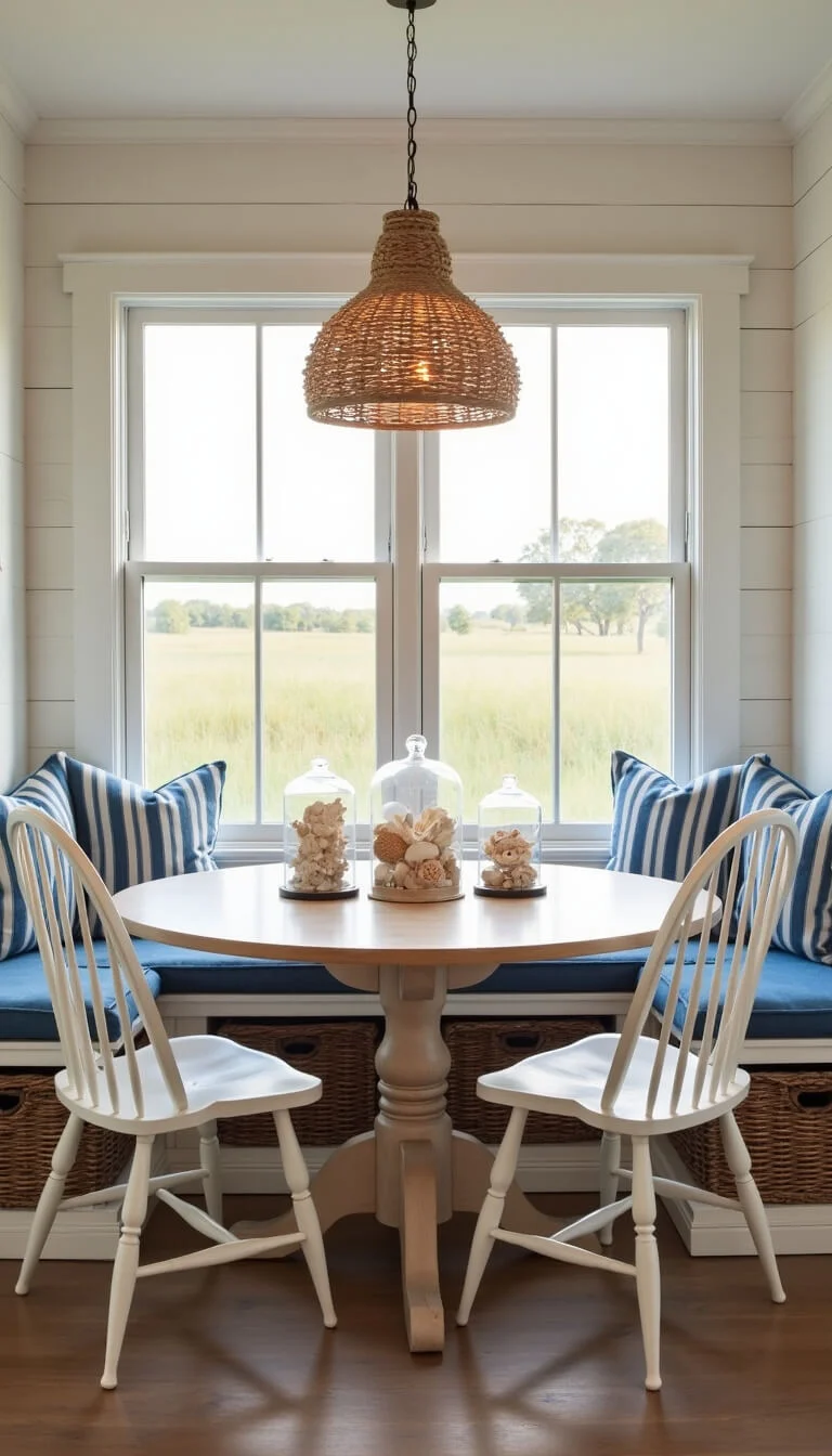 Cozy breakfast nook with shiplap walls, built-in window seat, round oak table, Windsor chairs, and a rope chandelier glowing in golden hour light.