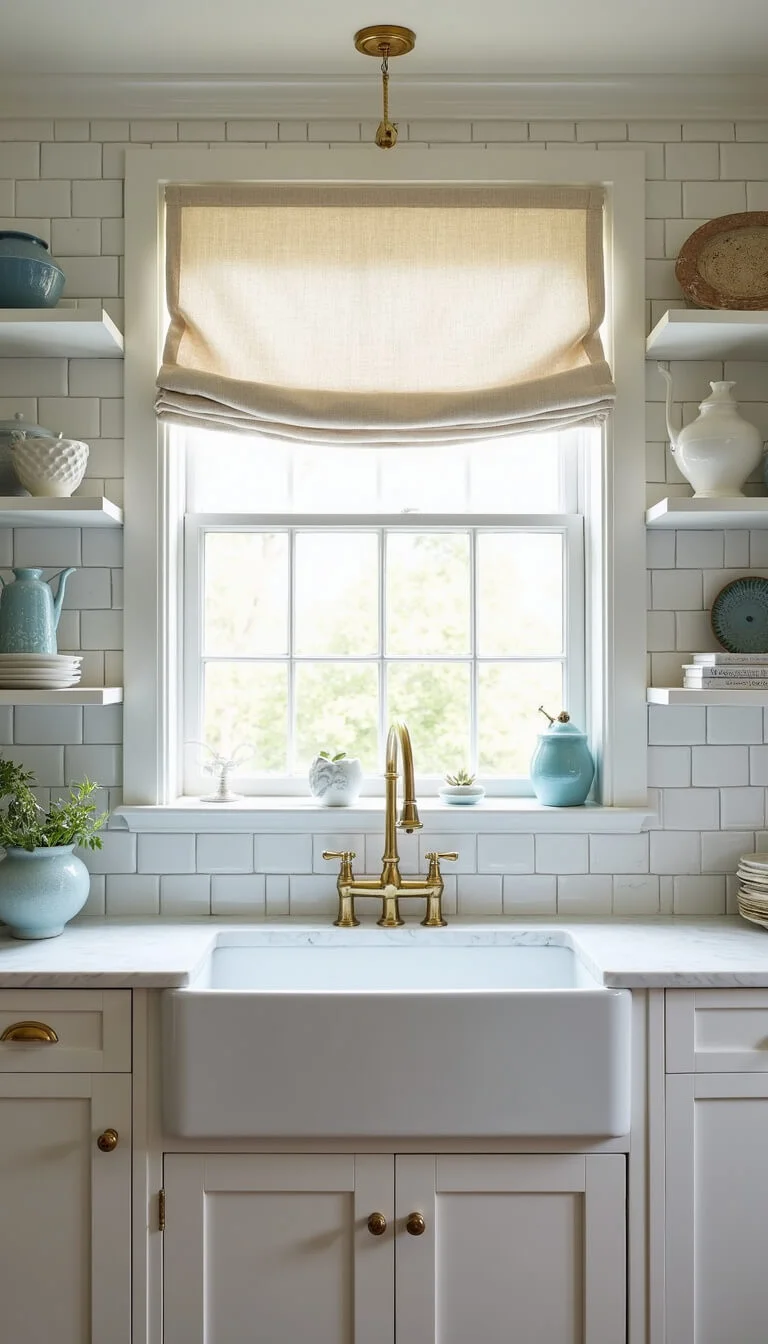 Bright kitchen with white shaker cabinets, brass hardware, honed marble countertops, subway tile backsplash, farmhouse sink beneath a window with linen café curtains, and open shelving displaying white and blue dishware.