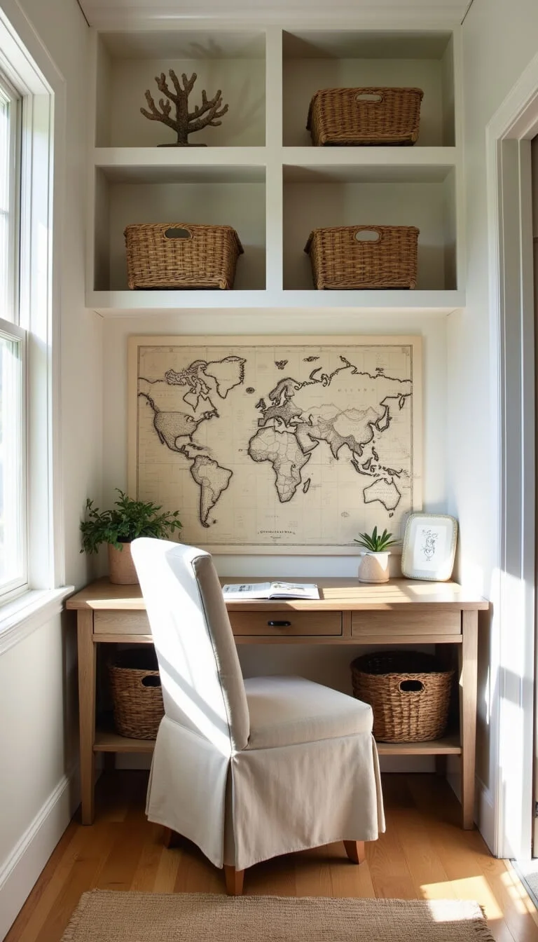 Cozy home office nook with built-in white bookshelves, sunlit weathered wood desk, linen slipcovered chair, woven baskets, and a vintage gallery wall.