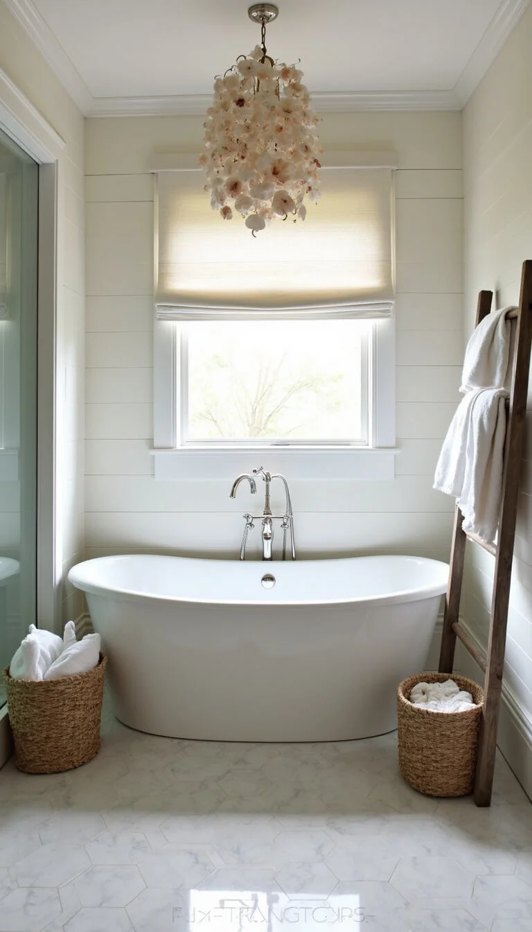 Elegant bathroom with shiplap walls, freestanding soaking tub beneath a shell chandelier, marble hexagon floor tiles, white roman shades, and rustic spa-inspired accessories.