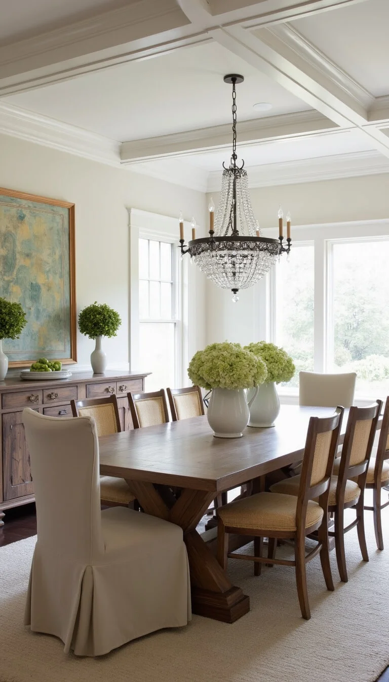 Sophisticated dining room with white coffered ceiling, crystal chandelier, reclaimed wood table, oatmeal slipcovered chairs, and hydrangea centerpieces.
