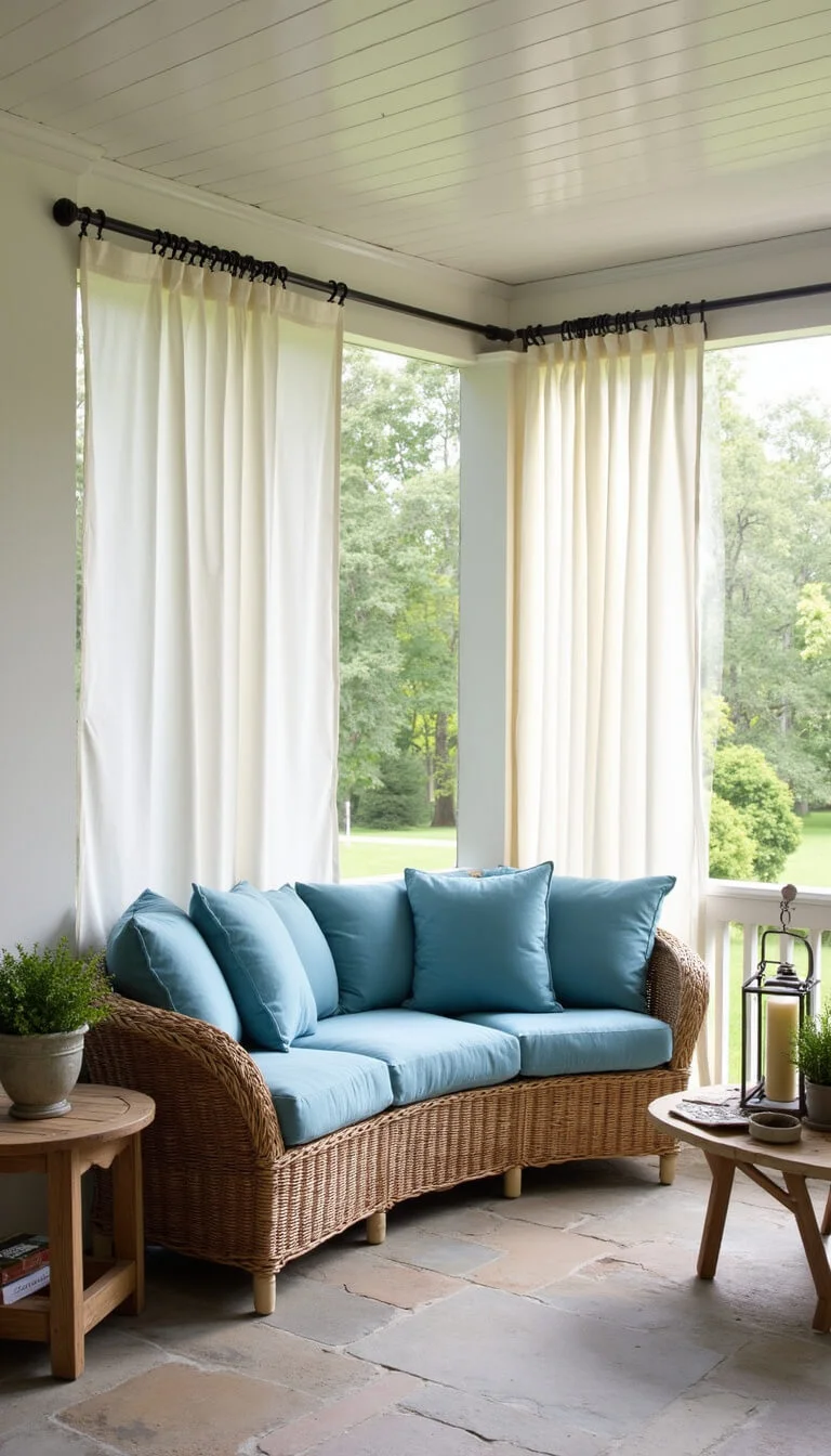 Inviting covered porch with rattan sofa, coastal blue cushions, stone flooring, and soft afternoon light filtering through white curtains.