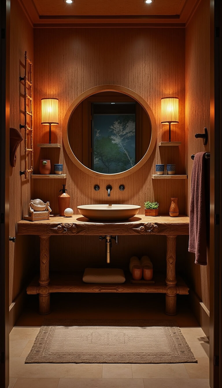 Cozy evening bathroom with carved wooden vanity, amber wall sconces, indigo textiles draped on bamboo ladder, ceramic vessels on floating shelves, and warm clay-textured wallpaper.