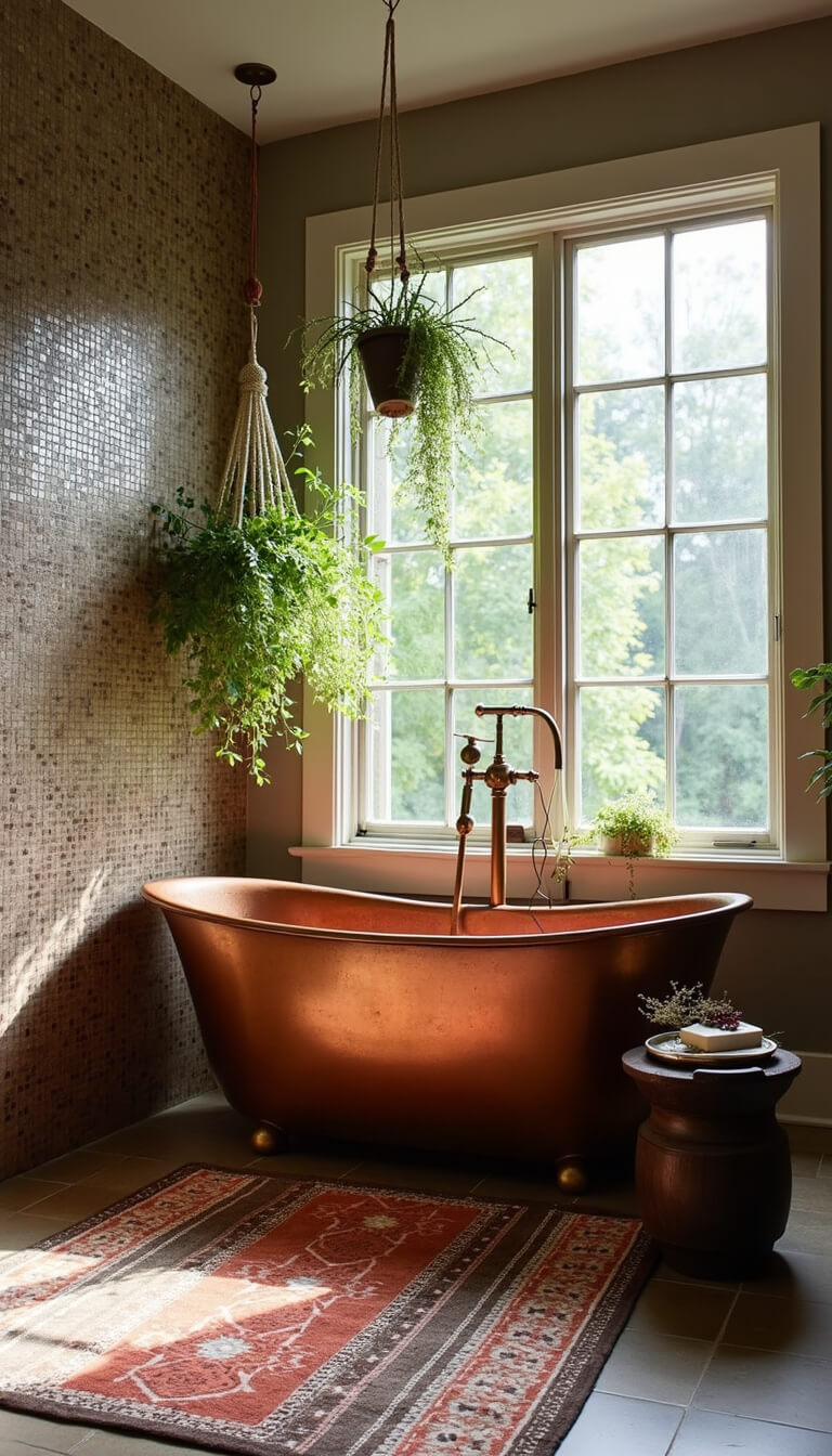 Spacious bathroom with copper soaking tub, mosaic tile accent wall, hanging greenery, Moroccan-style runner, and abundant natural light streaming through floor-to-ceiling windows.