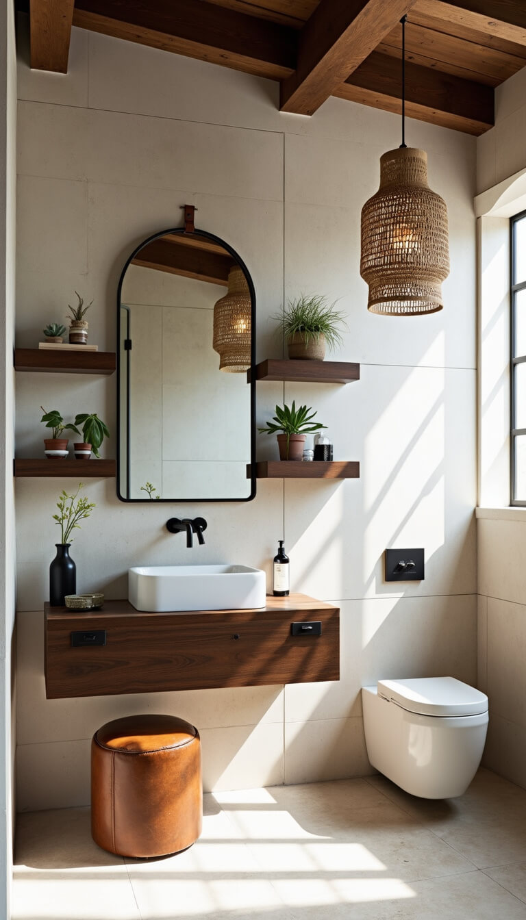 Bright bathroom with exposed beams, limestone tile wall, arched mirror with leather strap, blackened oak shelves displaying artifacts and succulents, handwoven pendant light, and vintage leather stool beneath floating vanity.