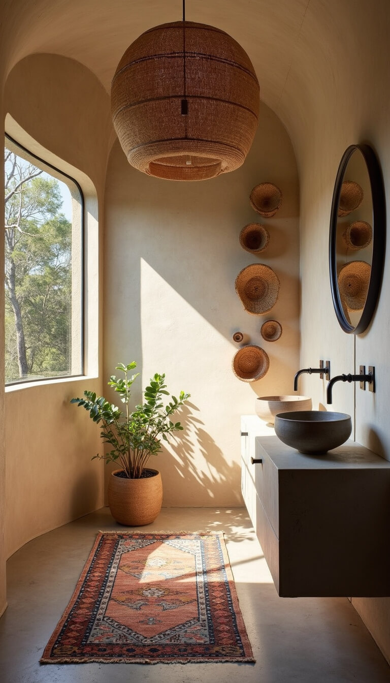 Sunlit bathroom corner with curved plaster wall, concrete vanity with double sinks, rattan pendant light, handwoven baskets, and vintage rug on concrete floor.