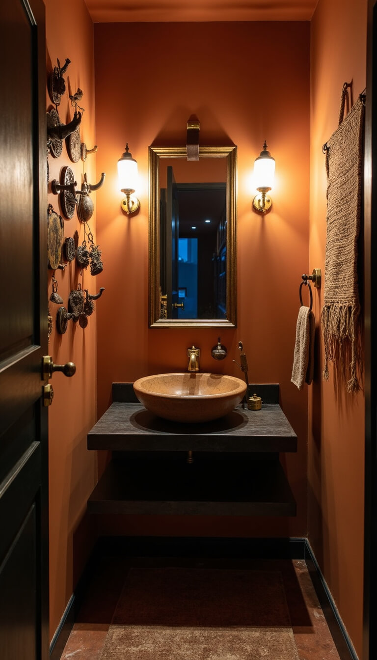 Dramatic powder room with high ceiling, tribal gallery wall, floating blackened steel vanity, stone vessel sink, vintage brass mirror, and warm ambient lighting.