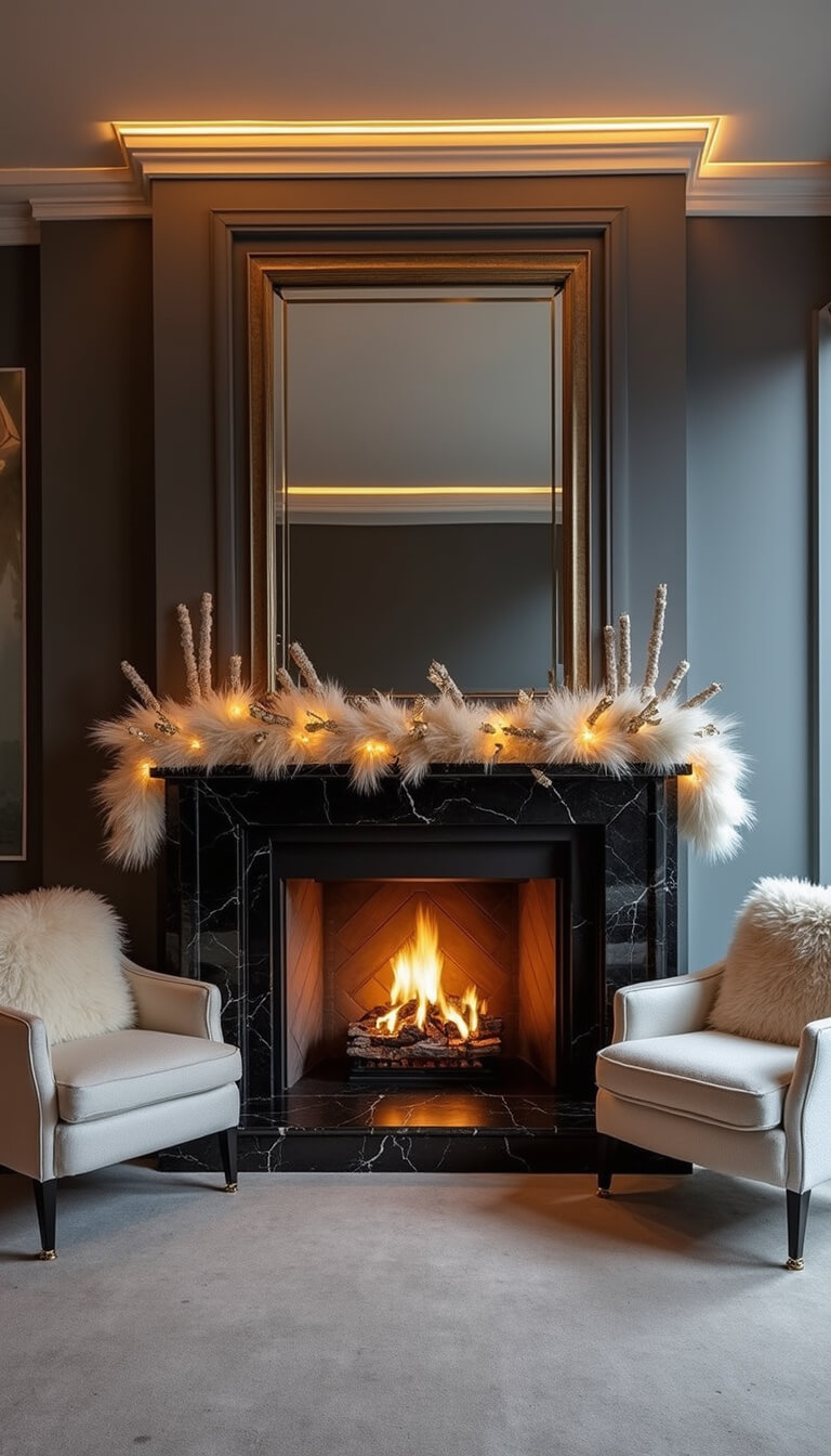Modern penthouse fireplace at dusk with sleek black marble surround, minimalist white garland, ghost chairs with faux fur throws, oversized mirror reflecting city lights, and ambient LED lighting.