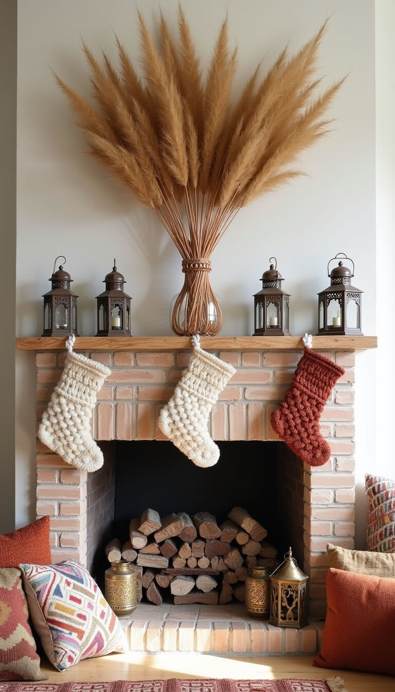 Boho white-painted brick fireplace with asymmetrical pampas grass, copper lights, macramé stockings, Moroccan lanterns, and kilim cushions in natural noon light.