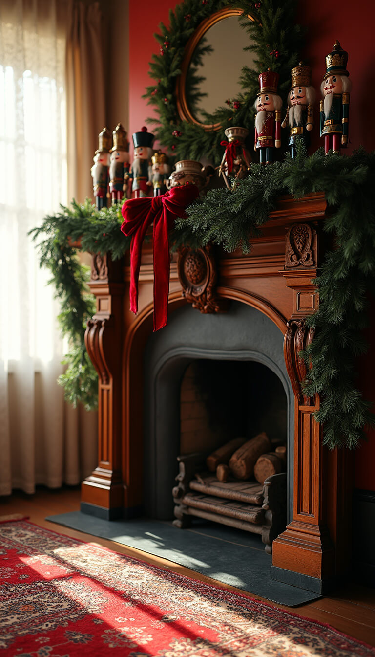 Victorian parlor with ornate fireplace, gold-trimmed mantel, cedar garland with red velvet ribbon, nutcrackers in ascending heights, lace-curtained window with morning light, and jewel-toned Persian rug.