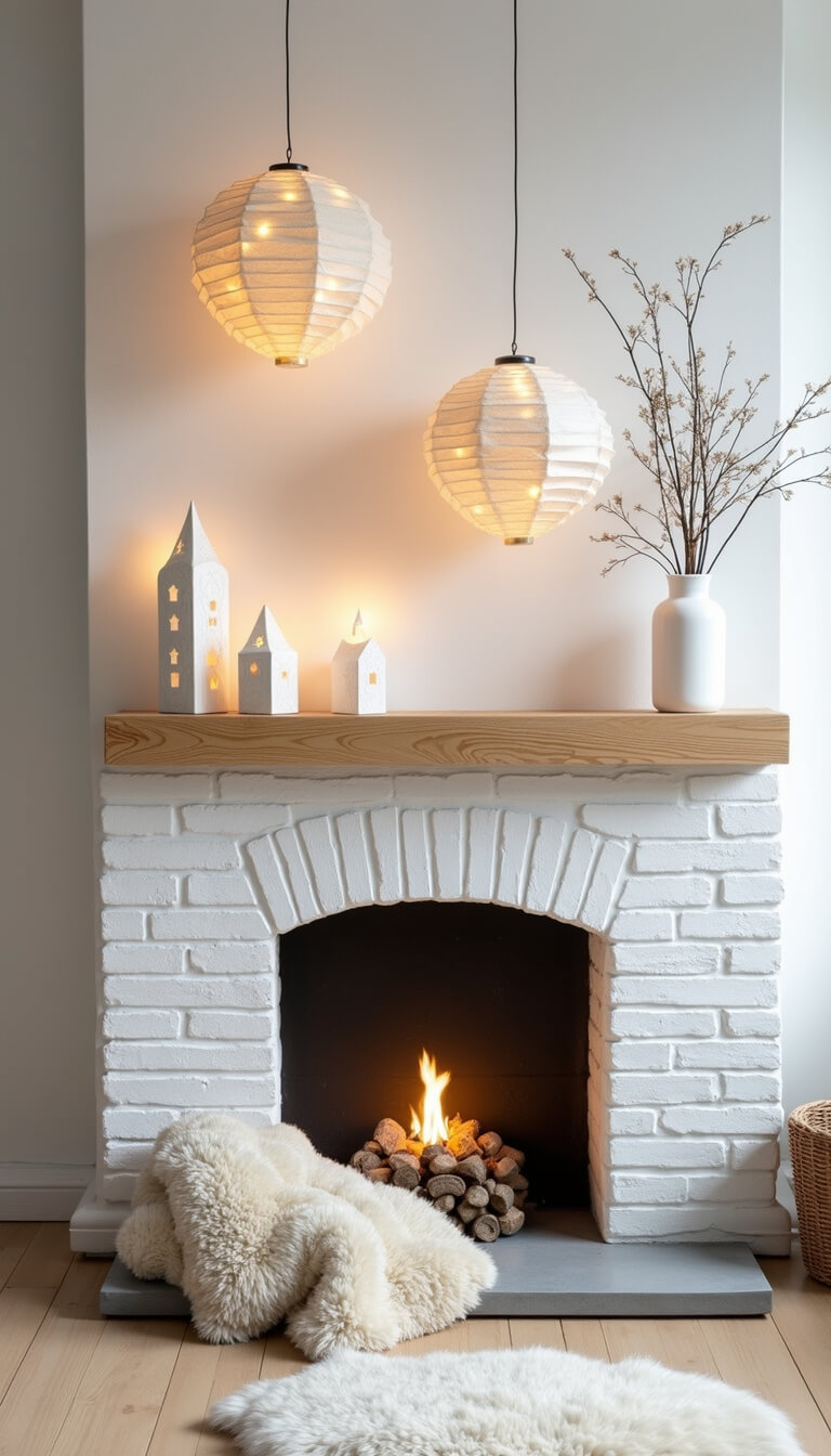 Scandinavian minimal fireplace with white brick, blonde wood mantel, paper star lanterns, ceramic LED-lit houses, and sheepskin throws on a concrete hearth.