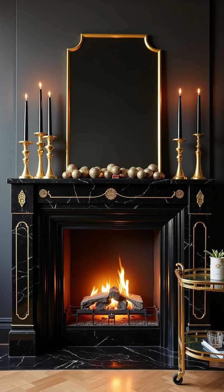 Art Deco fireplace with black marble and gold inlay, brass and copper garland, black taper candles in geometric holders, vintage drinks cart, dramatic evening lighting.