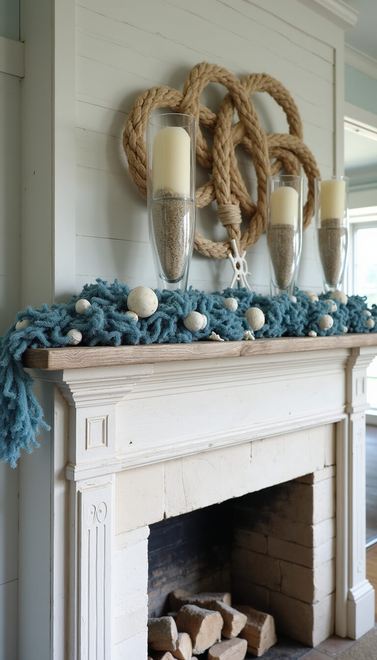 Coastal cottage fireplace with whitewashed stone and driftwood mantel, decorated with blue and silver garland, starfish, sand-filled glass hurricanes, and rope-wrapped driftwood art, viewed through doorway.