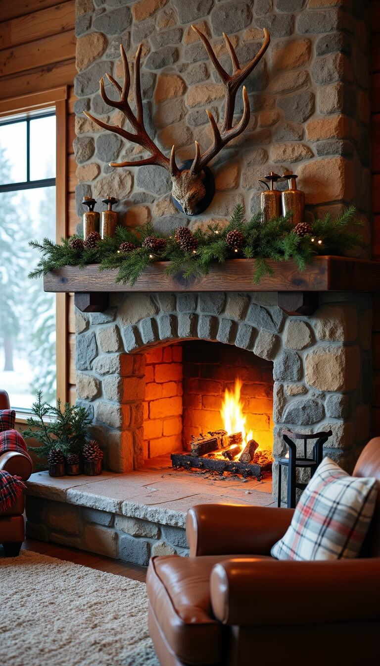 Cozy mountain lodge with double-sided stone fireplace, glowing fire, antler decor above, leather wing chairs with plaid throws, and evergreen garland featuring pine cones and pheasant feathers on timber mantel.