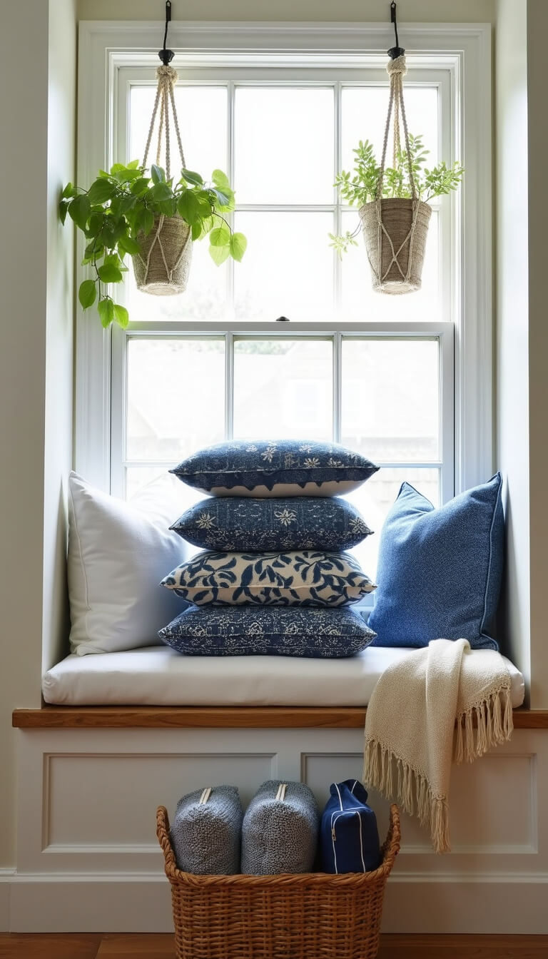 Window seat with built-in storage, indigo and white cushions, cream tasseled throw, hanging plants in macramé holders, and woven basket with blankets underneath.