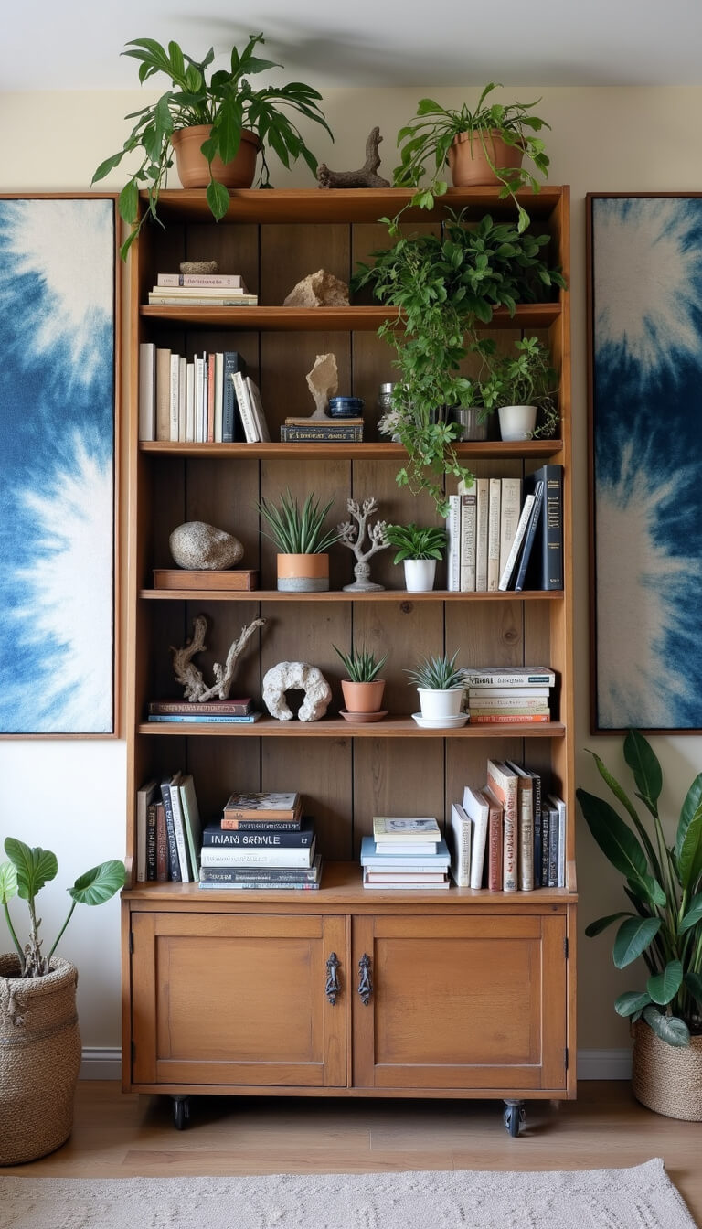 Organized storage wall with vintage bookcase, books, plants, crystals, and driftwood; indigo fabric panels on sides in soft morning light.