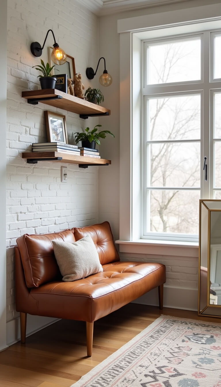 Compact 9x11ft living area with tufted leather bench, floating shelves, brass floor mirror, and layered neutral rugs against a white brick wall.