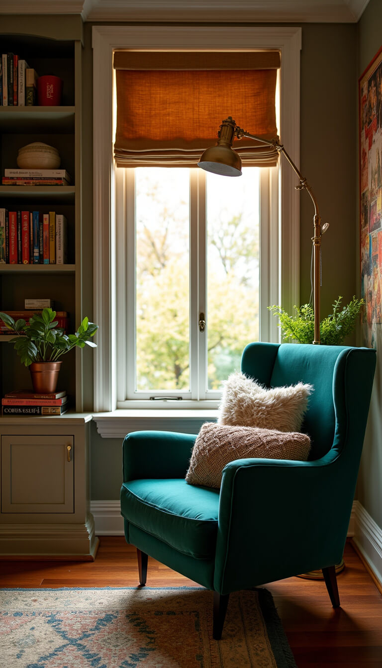 Intimate reading corner with emerald velvet chair, built-in bookshelf, brass floor lamp, and warm sunset light highlighting jewel tones and textures.