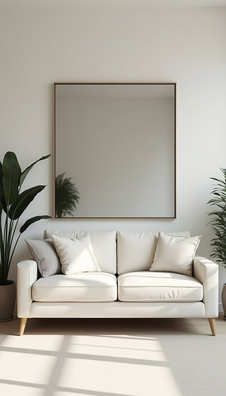 Minimalist 12x14ft living room with ivory sofa, fold-out console table, large wall mirror, potted plants, and monochrome decor in whites, creams, and black accents.