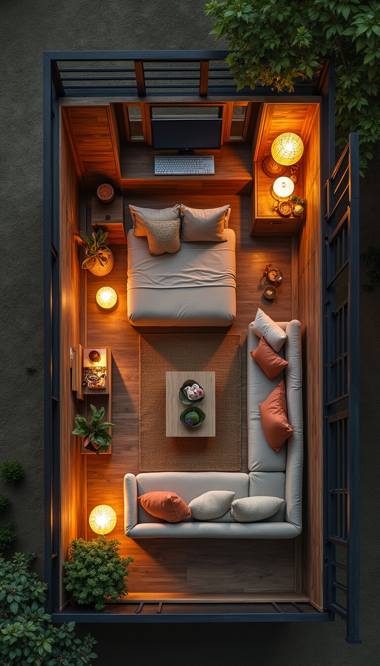 Overhead view of 11x13ft multifunctional living room at dusk with modular sofa bed, foldaway wall desk, hidden storage, warm paper lantern lighting, and earth-toned decor with olive and rust accents.