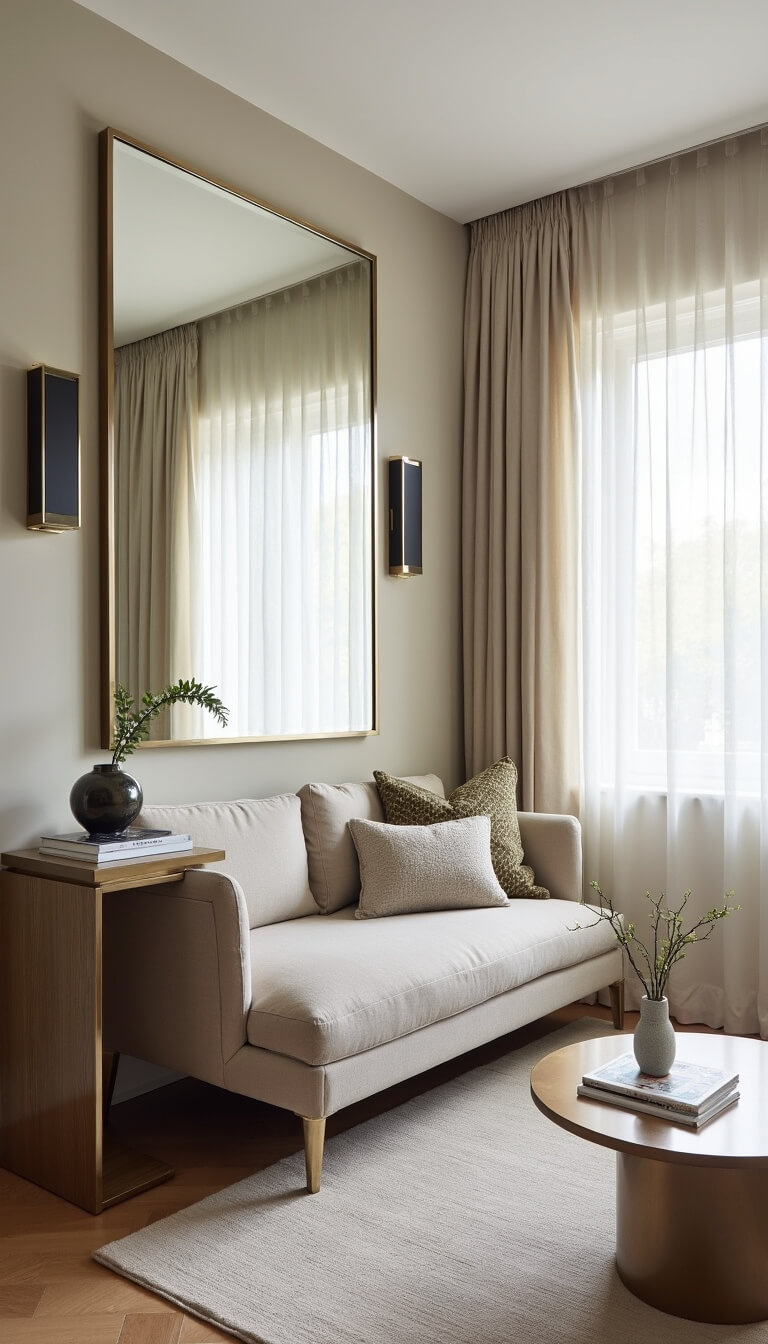 Dynamic 13x15ft living area with custom banquette seating, slim console workspace, oversized mirror, and mixed metal accents enhancing natural light and flow.