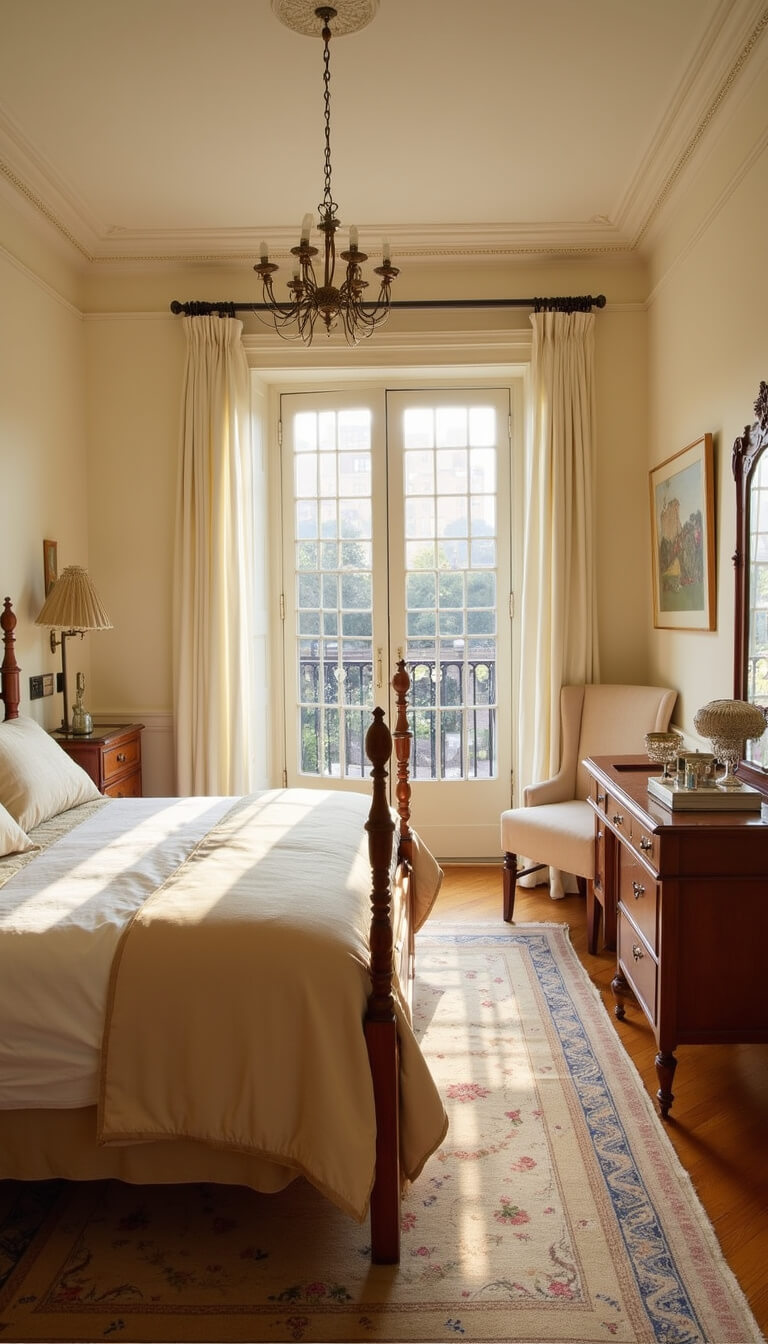 Golden hour lighting a pre-war Manhattan bedroom with cream walls, Edwardian sleigh bed, silk bedding, and antique rug.