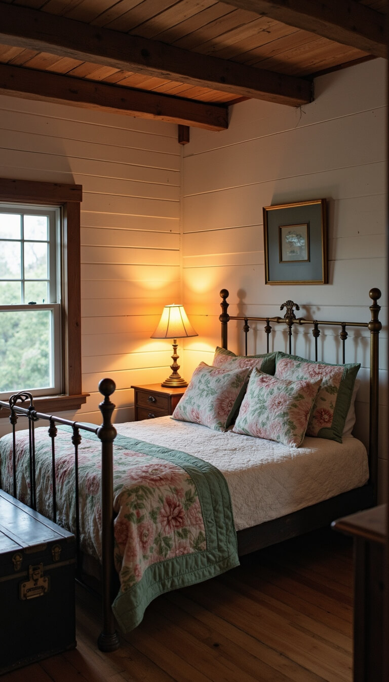 Cozy cottage bedroom with white plank walls, dark wood furniture, brass bed, vintage quilts, and exposed beams.
