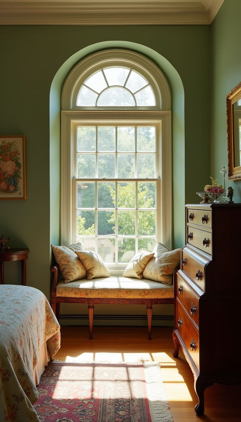 Sunlit sage green bedroom with bay window, vintage tapestry seat, mahogany highboy, gilt mirrors, and crystal prisms.