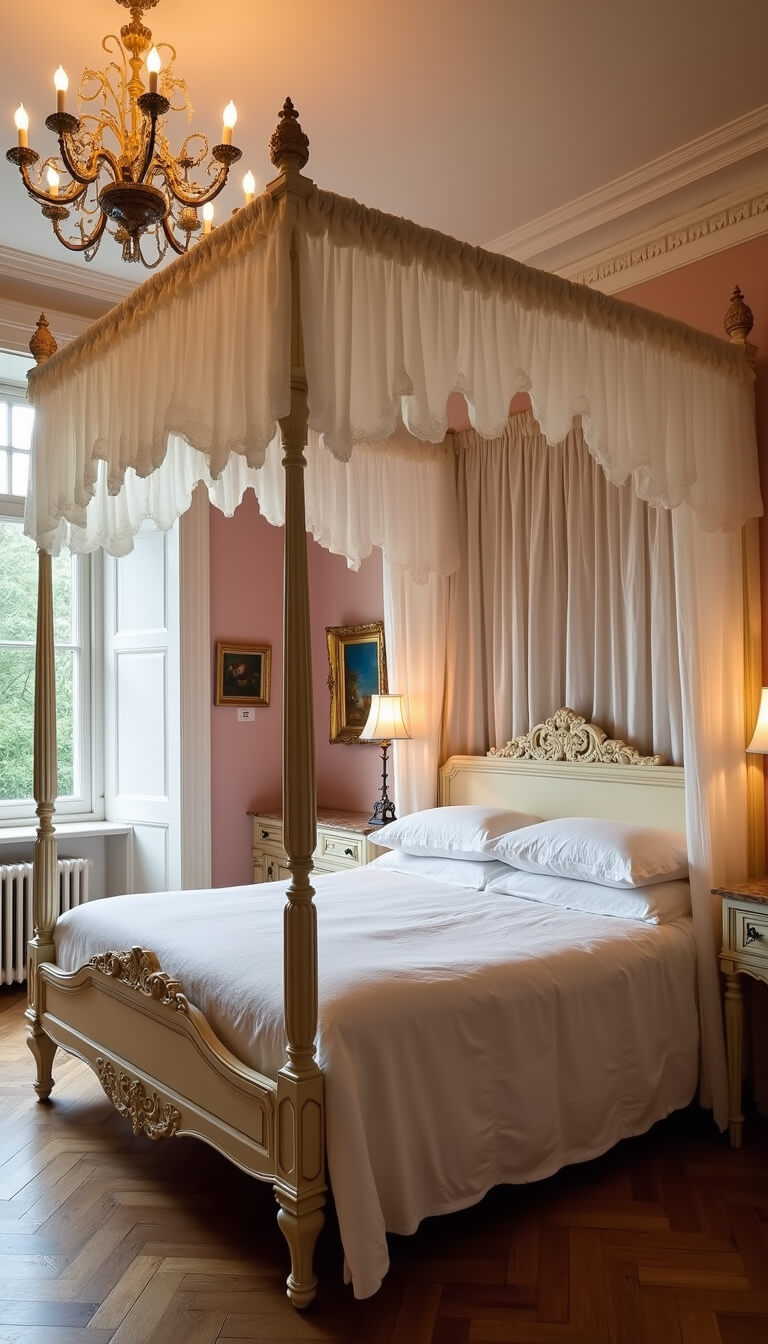 Romantic blush pink bedroom with ivory silk bedding, vintage paintings, French provincial dresser, and soft chandelier lighting.