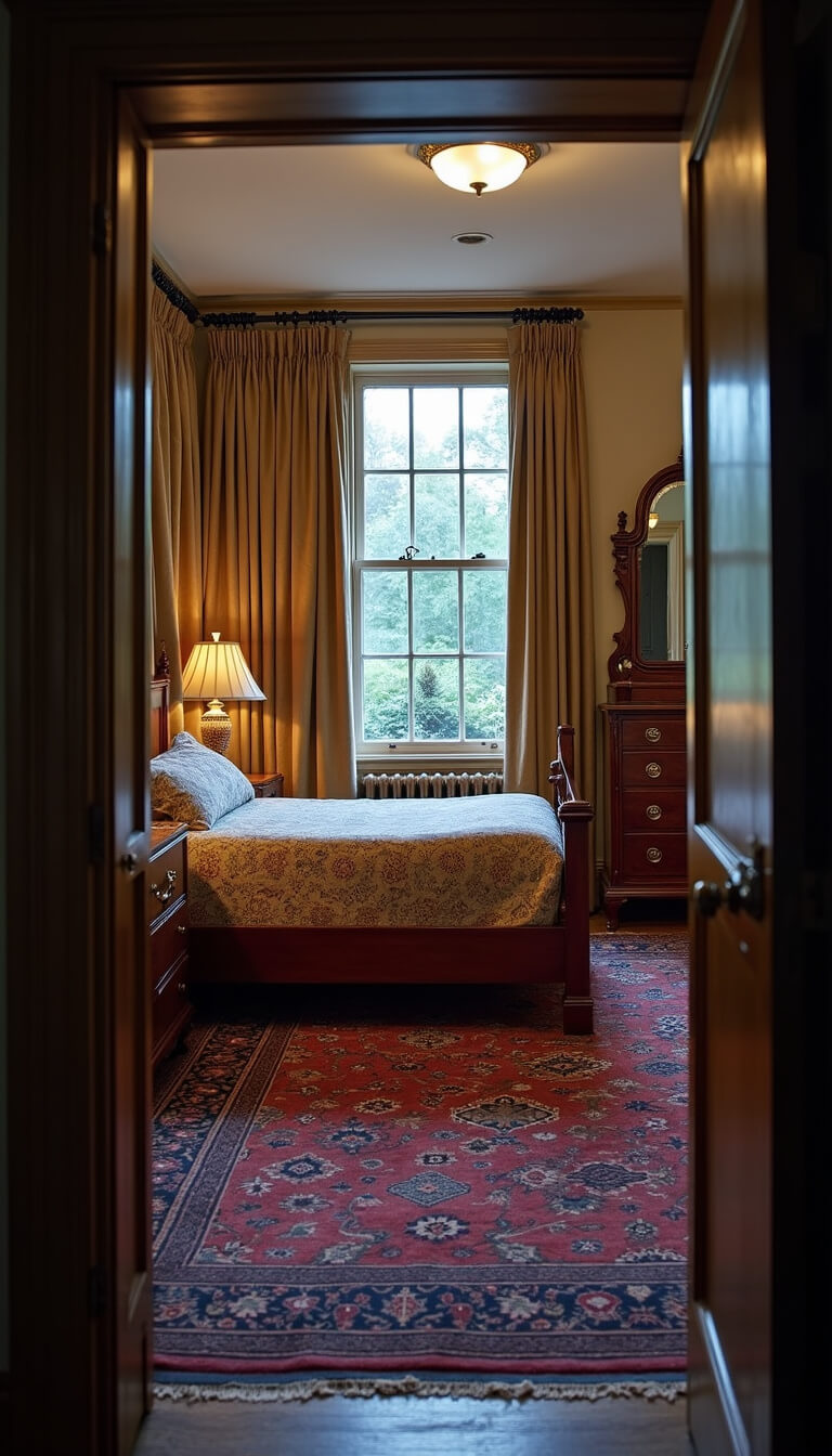 Empire-style mahogany bed in a 14x16ft room with gold damask curtains, Eastlake dresser, and oriental rug during blue hour.