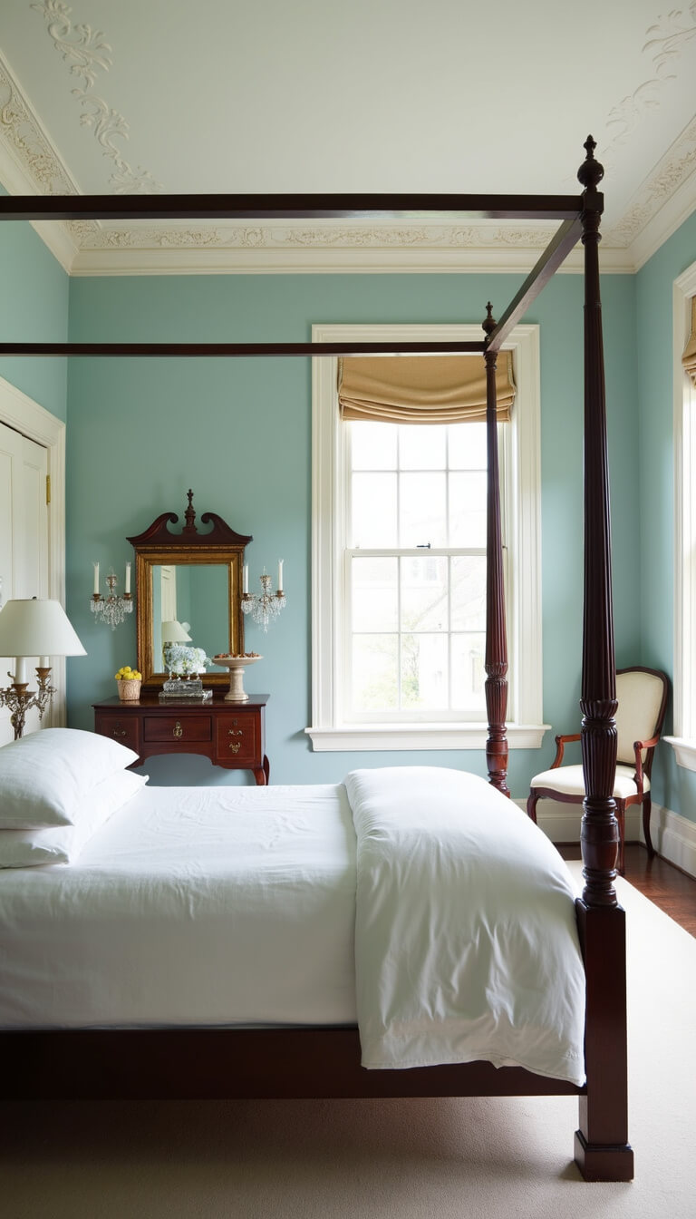 Bright corner bedroom with four-poster bed, vintage accents, pale blue walls, and Chippendale desk by the window.